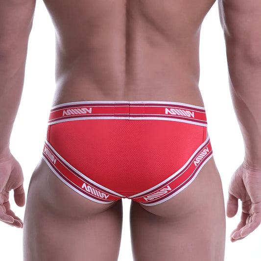 Red metro malewear power mesh hip brief with white trim and repeating milliv logo on waistband and leg openings