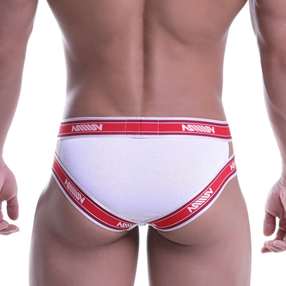 White mesh MetroMaleWear power mesh hip briefs with red and white striped elastic bands and avinny logo
