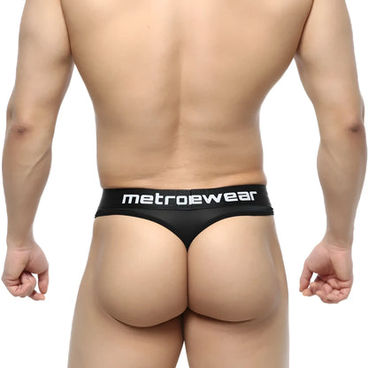 Black metrowear prado thong with sleek minimalist design and white branding on waistband front display