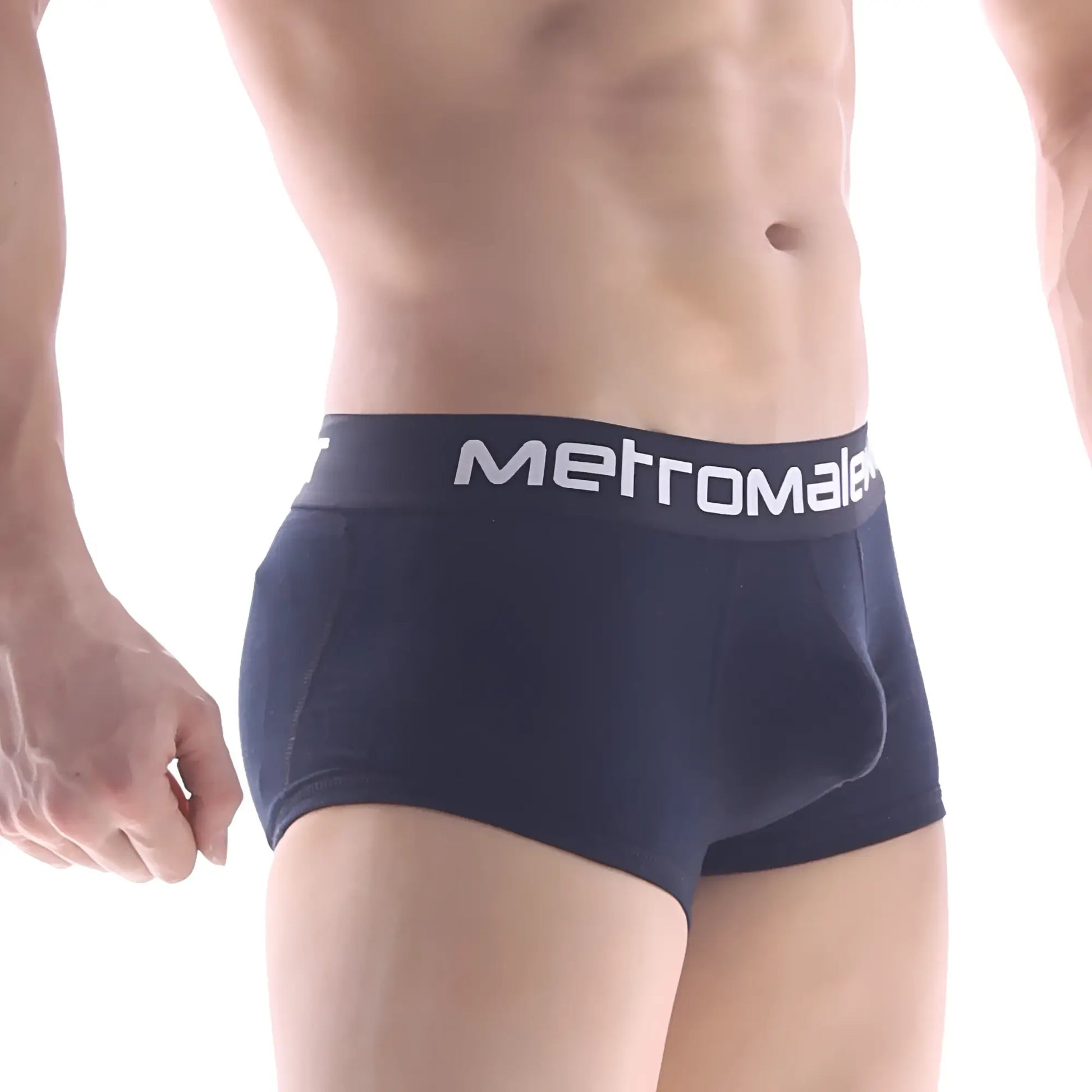 Navy blue metromale briefs with padded design and white logo band from metro male wear premium boxer 3032-20