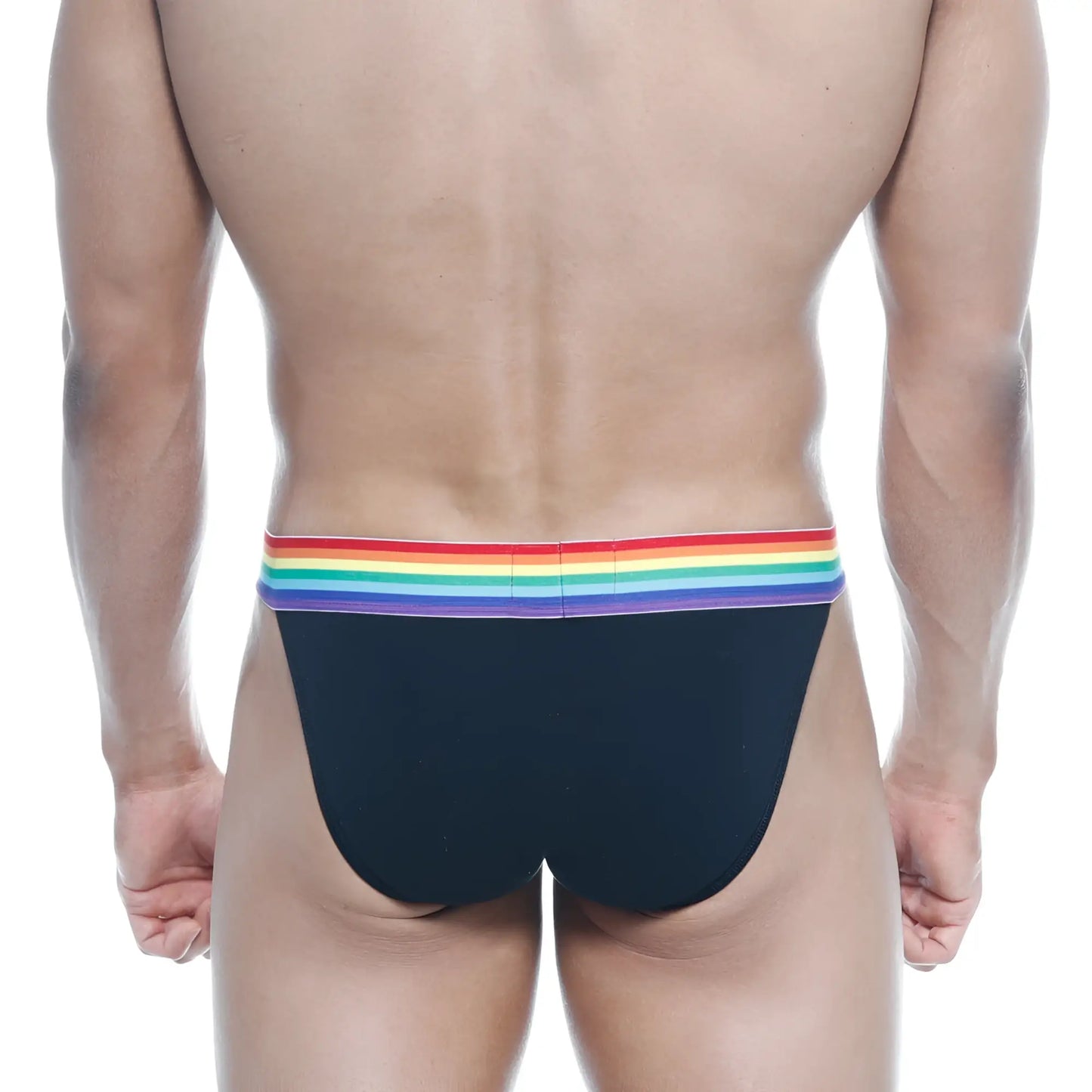 Black briefs with rainbow-striped elastic waistband from metromalewear pride bikini black 3004-r20 collection