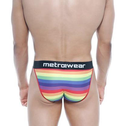 Metro malewear pride bikini rainbow 3004-16 men’s briefs with rainbow stripes and black waistband with metrowear logo