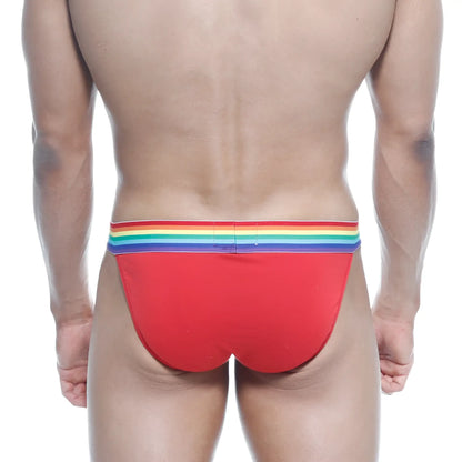 Red metroMalewear pride bikini briefs with rainbow-striped waistband made for comfortable wear