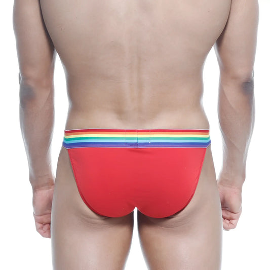 Red metroMalewear pride bikini briefs with rainbow-striped waistband made for comfortable wear