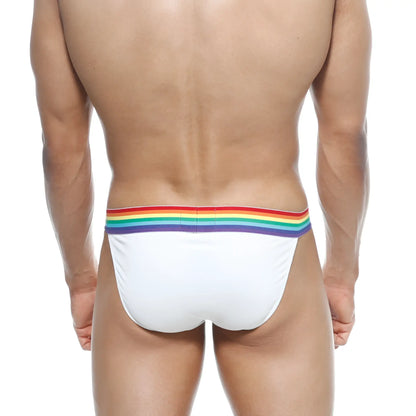 White briefs with a rainbow-colored elastic waistband from MetroMaleWear Pride Bikini white 3004-R00 collection
