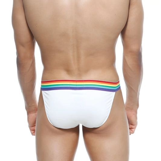 White briefs with a rainbow-colored elastic waistband from MetroMaleWear Pride Bikini white 3004-R00 collection