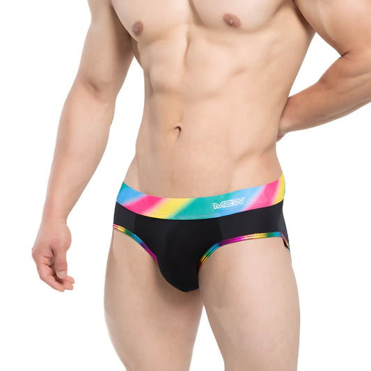 Black men’s briefs with vibrant rainbow-striped mew logo waistband metroMalewear pride brief black 5203-58