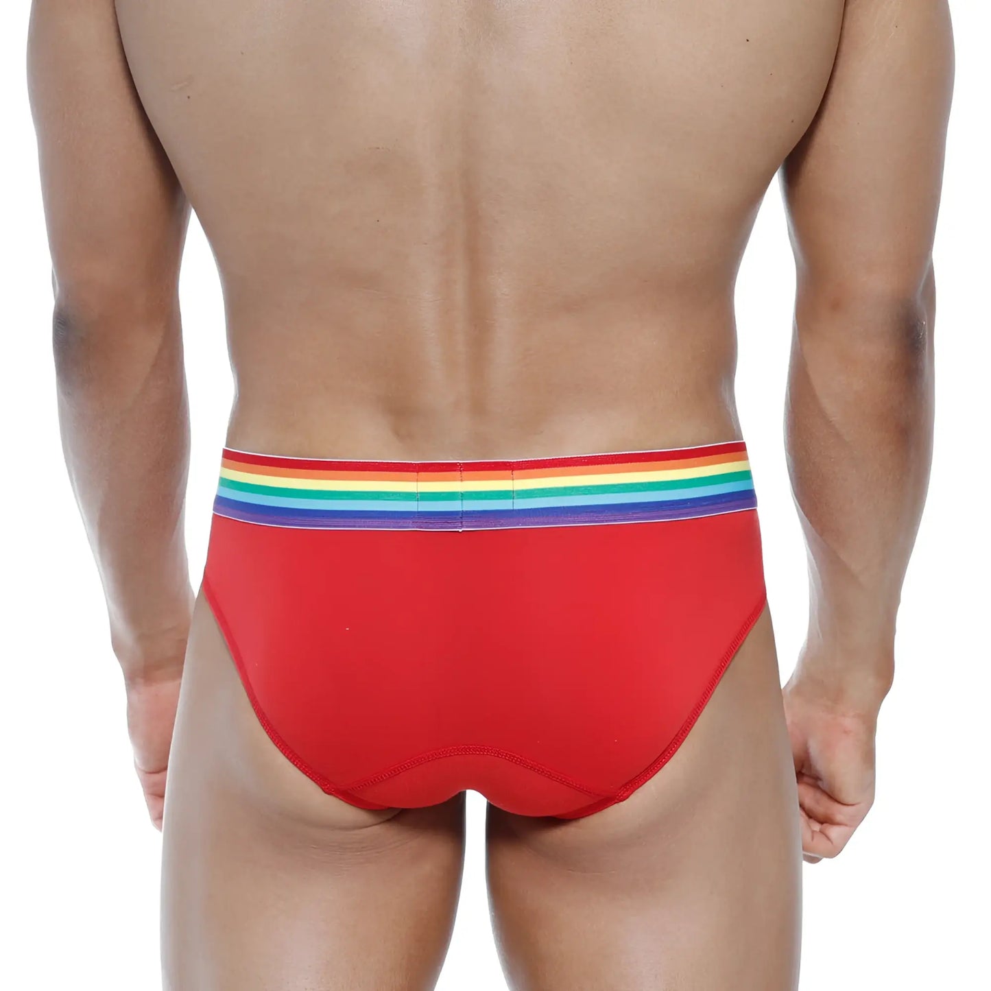 Red briefs with a rainbow-striped waistband from MetroMaleWear pride brief collection 5006-R12