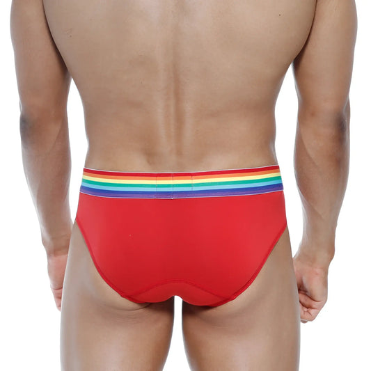 Red briefs with a rainbow-striped waistband from MetroMaleWear pride brief collection 5006-R12