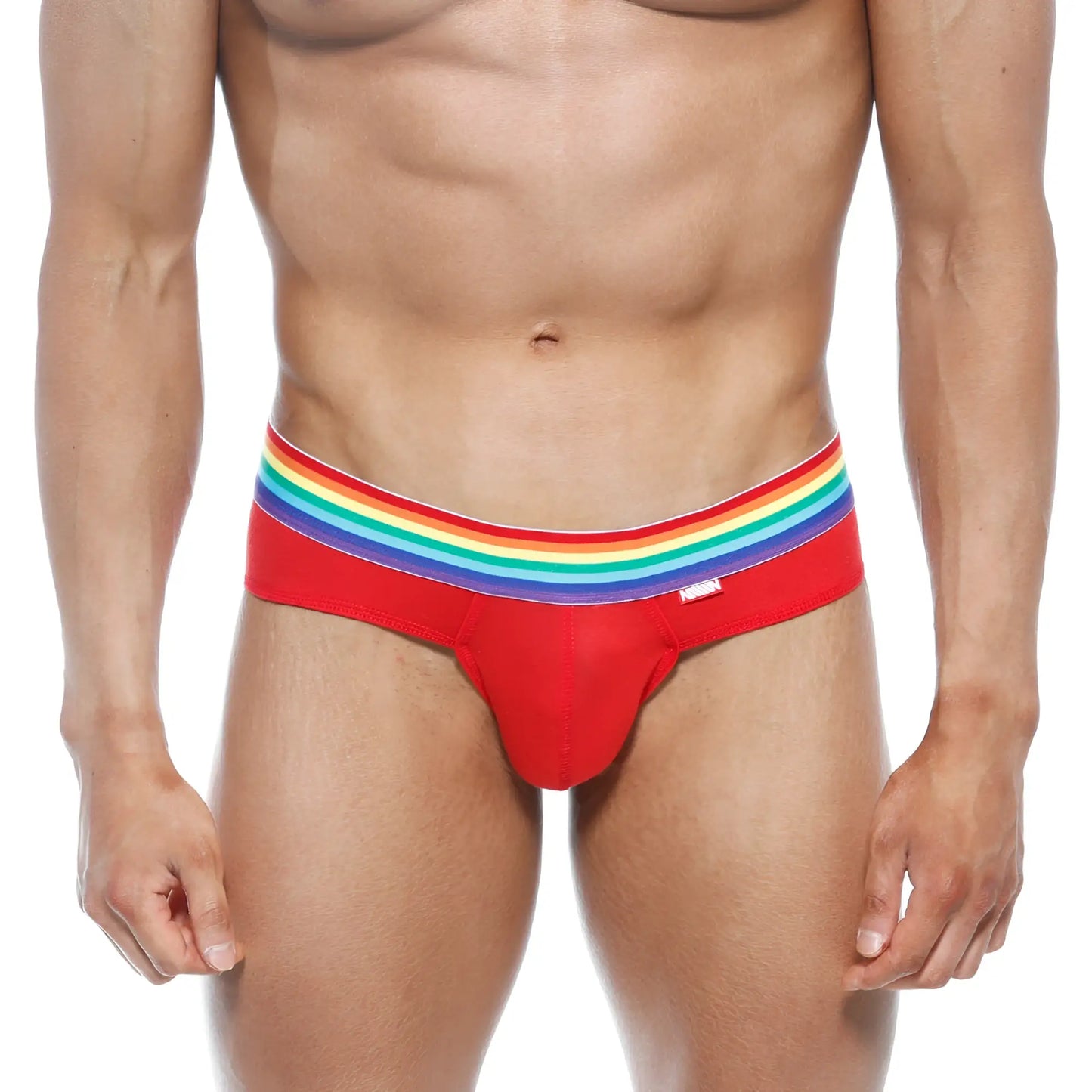Red briefs with a rainbow-striped waistband from metromalewear pride brief red 5006-r12 collection
