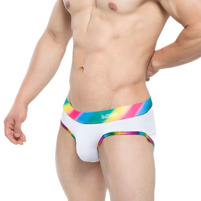 White men’s briefs metro male wear pride brief 5203-57 with rainbow-striped elastic waistband and white mew logo