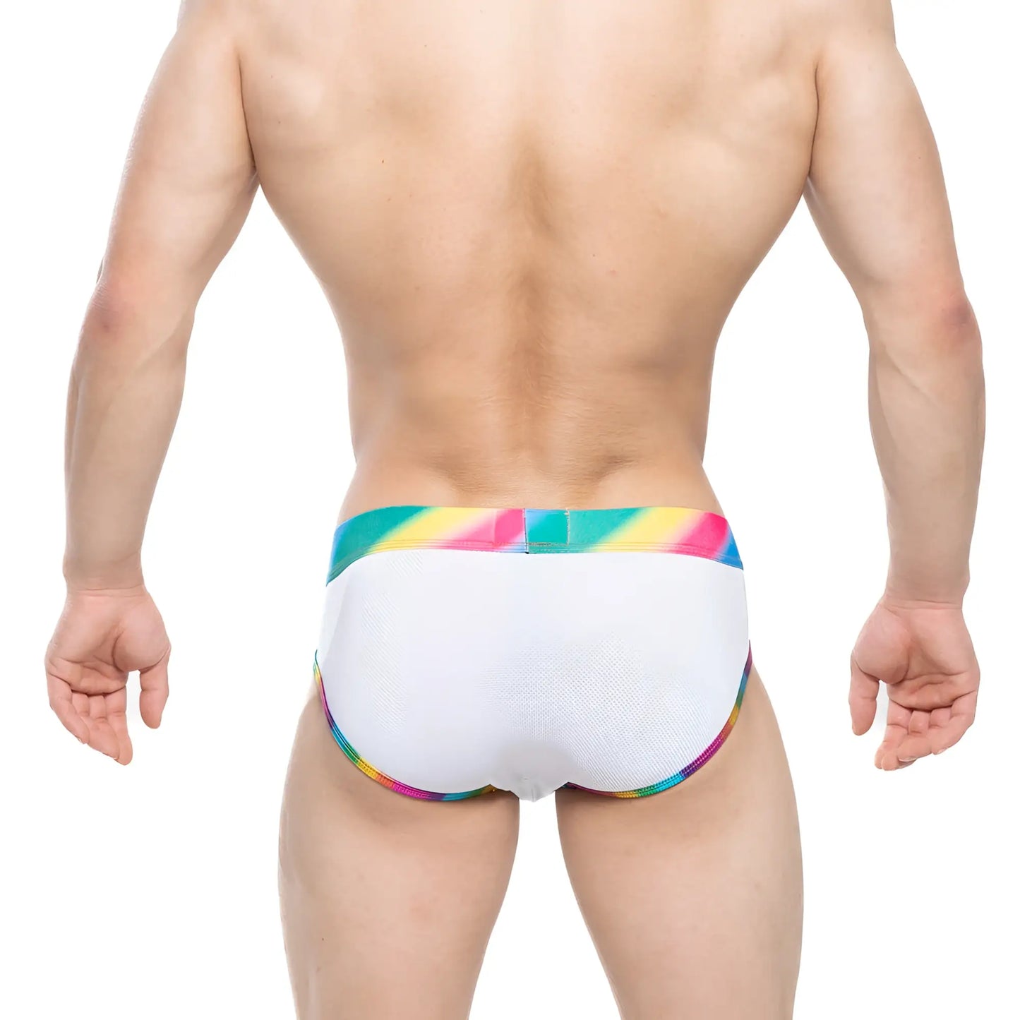 White textured swim trunks metroMalewear pride brief 5203-57 with vibrant rainbow-striped waistband and trim