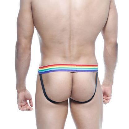 Metro malewear pride jock strap black 3001-r20 with rainbow-striped elastic waistband and black suspenders backside view