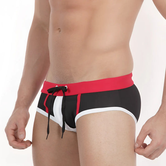 MetroMalewear pride swim brief 4916-78 in black and red with white trim and drawstring waistband for swimming