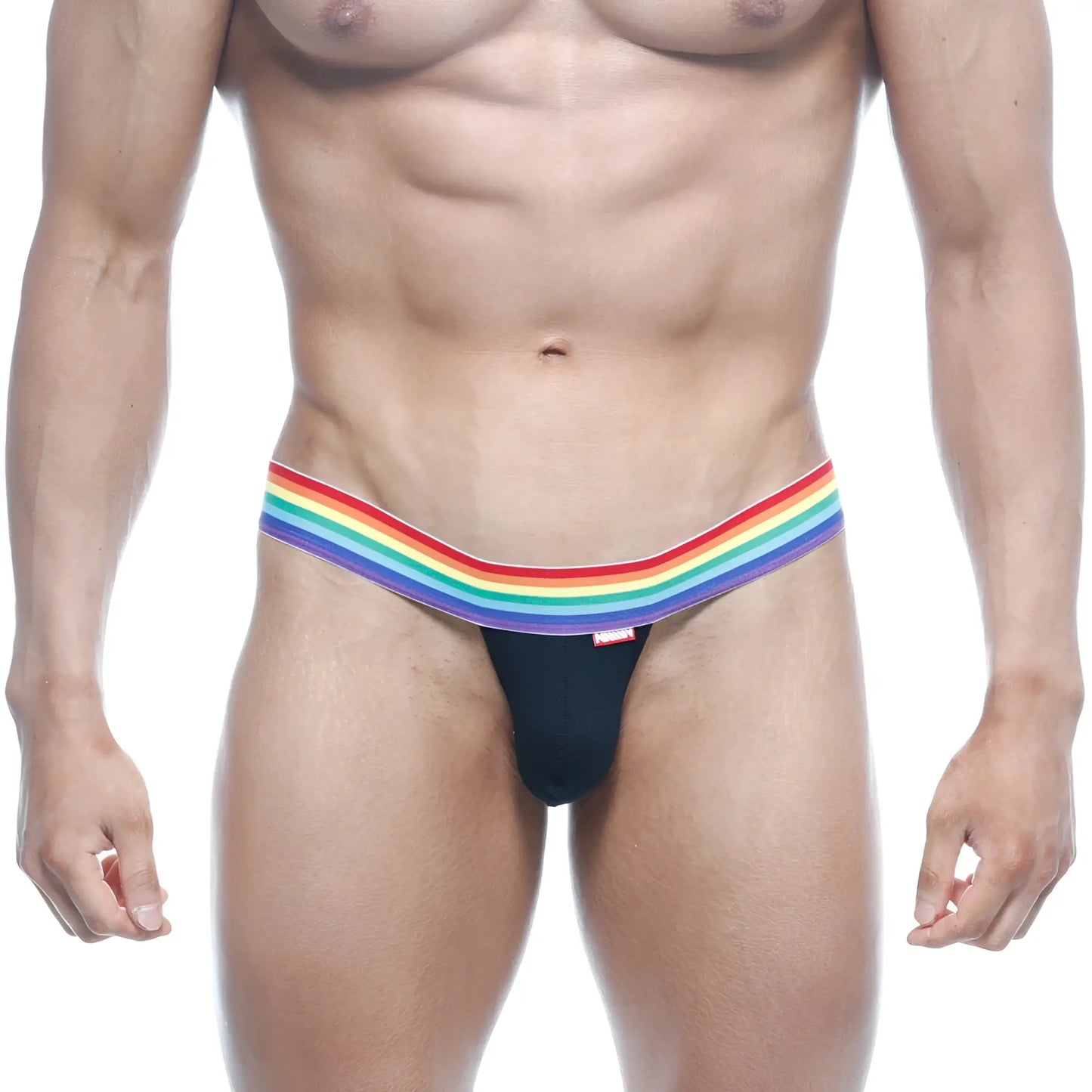 Black MetroMaleWear Pride thong featuring a rainbow-striped waistband showing the front side design