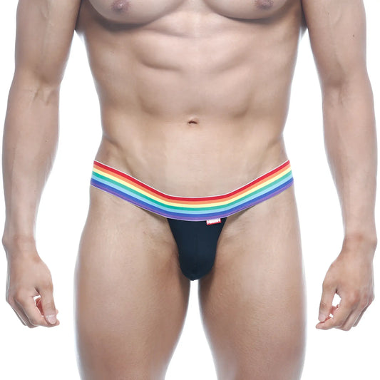Black MetroMaleWear Pride thong featuring a rainbow-striped waistband showing the front side design