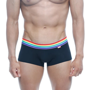 Black briefs with a vibrant rainbow-striped waistband from metromalewear pride trunk 2026-r20 collection