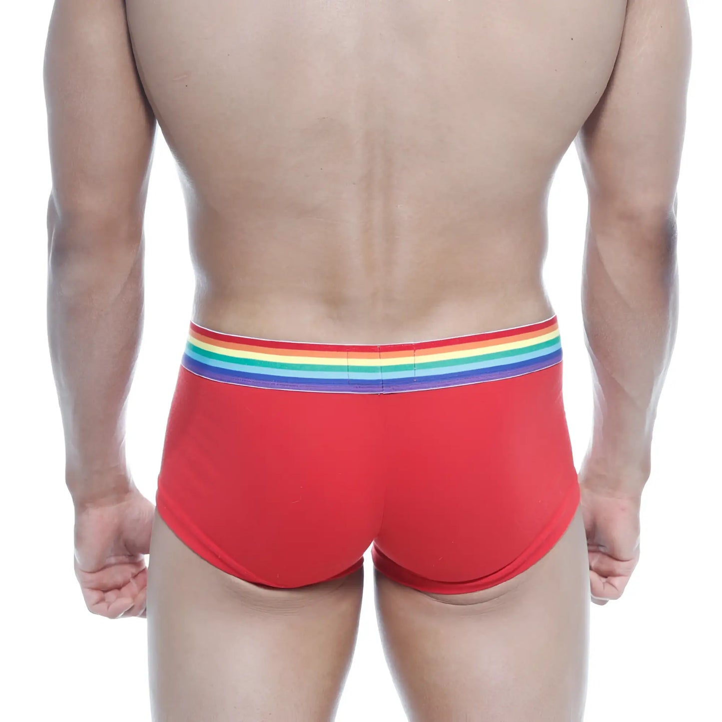 Red men’s briefs metro male wear pride trunk red 2026-R12 with rainbow-striped elastic waistband