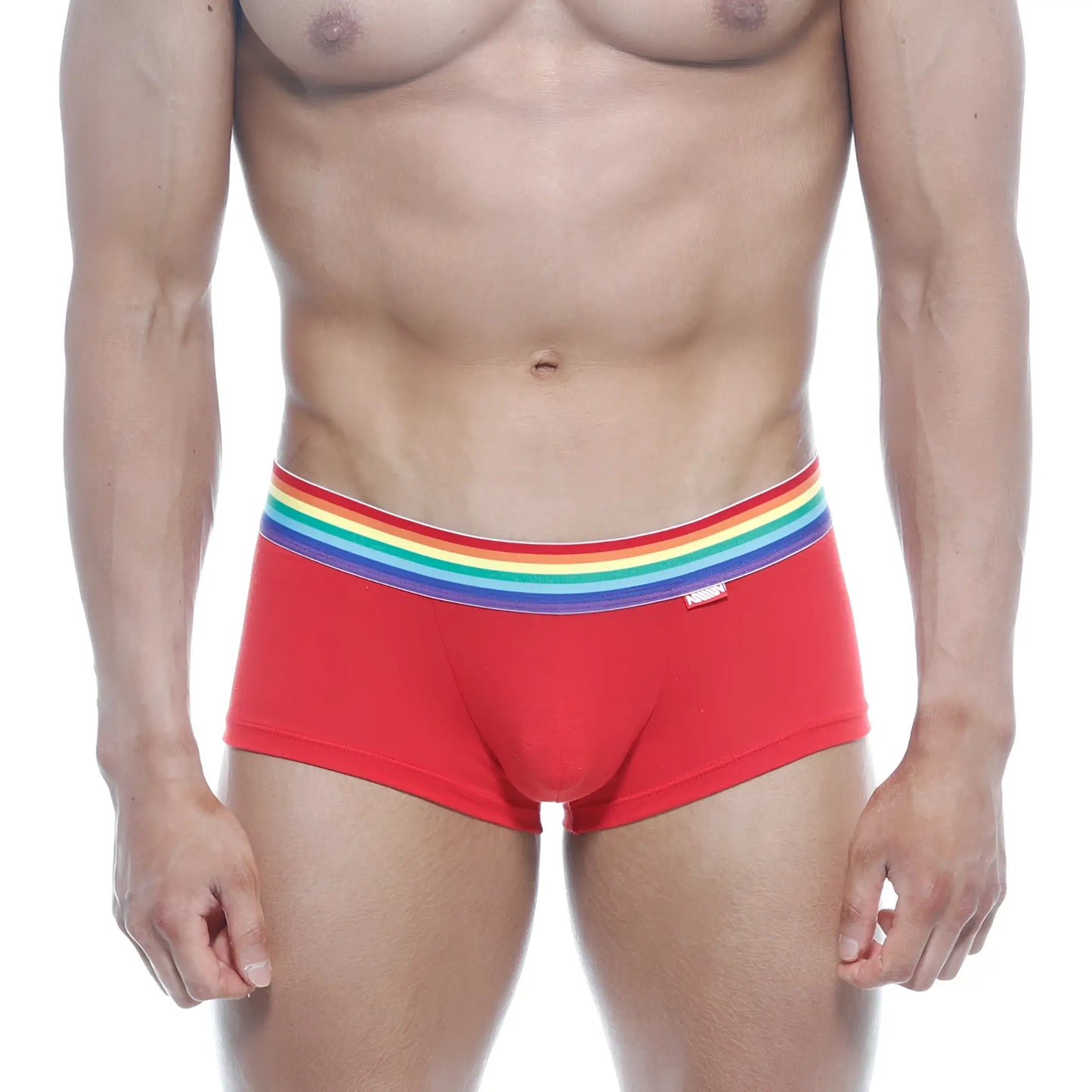 Red briefs metroMalewear pride trunk 2026-R12 with rainbow-striped elastic waistband for comfortable support