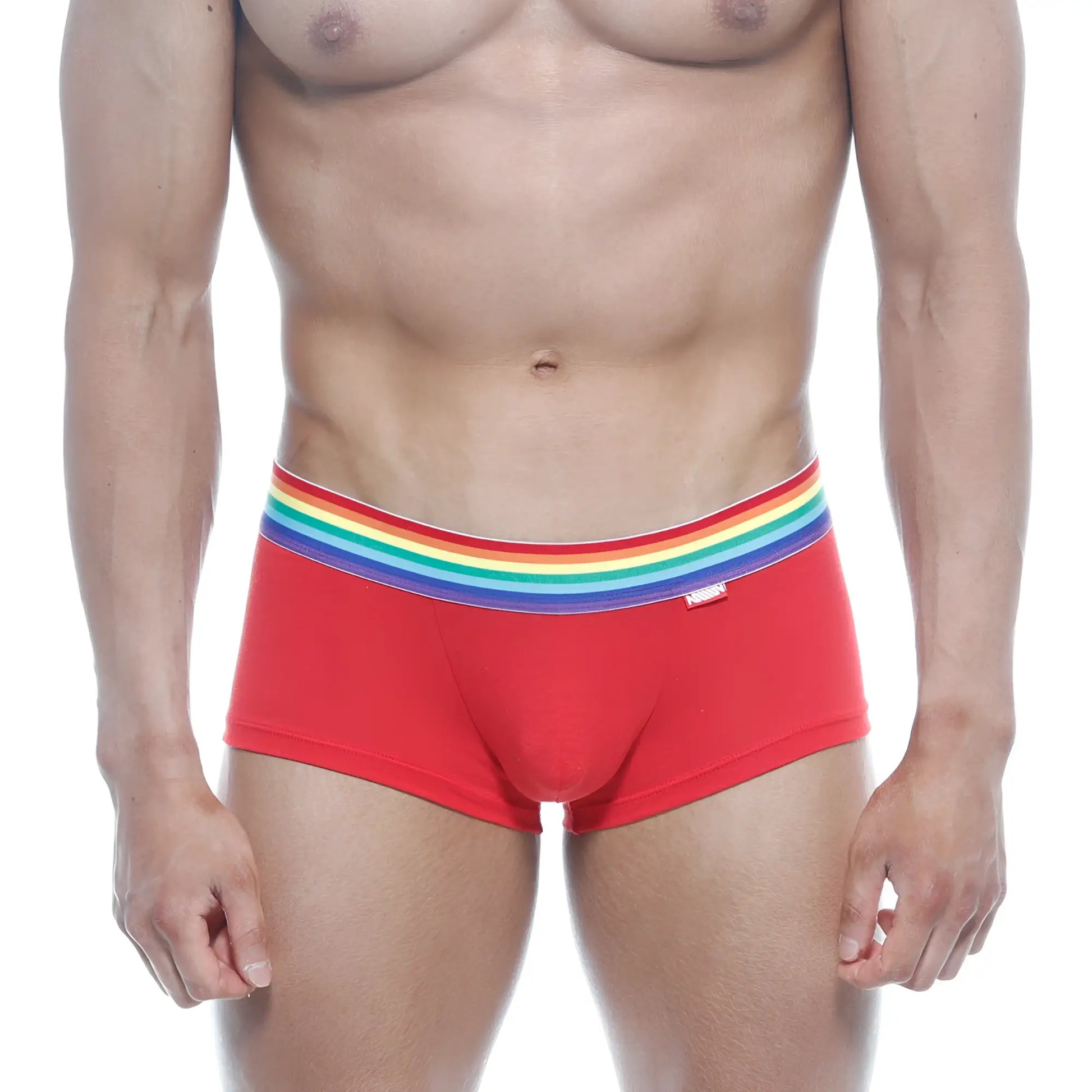 Red briefs metroMalewear pride trunk 2026-R12 with rainbow-striped elastic waistband for comfortable support