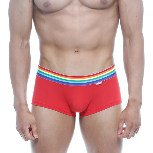 Red briefs metroMalewear pride trunk 2026-R12 with rainbow-striped elastic waistband for comfortable support