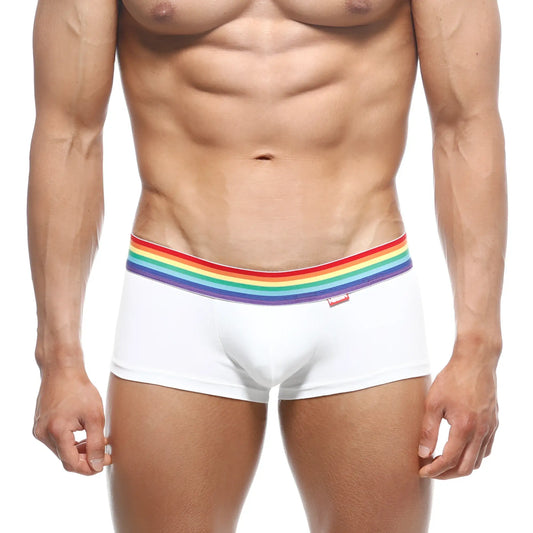 White briefs with rainbow-striped elastic waistband from metromalewear pride trunk 2026-r00 collection