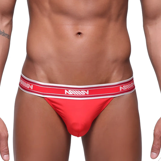 Red mens briefs metro malewear prieto thong with white elastic waistband featuring bold red milan branding