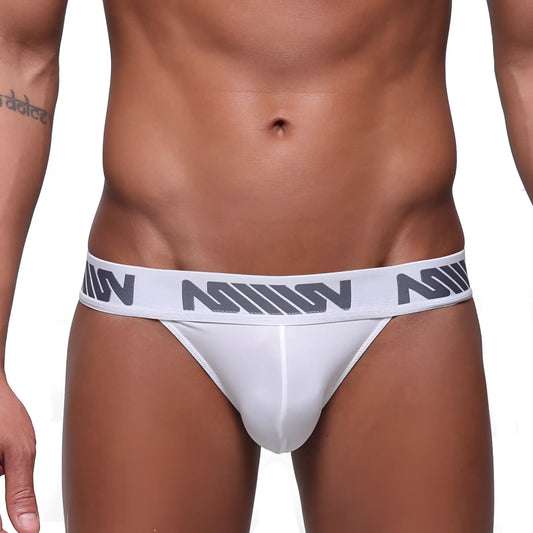 White men’s briefs with gray m logo band from MetroMaleWear Prieto thong collection in white 2912-00 style