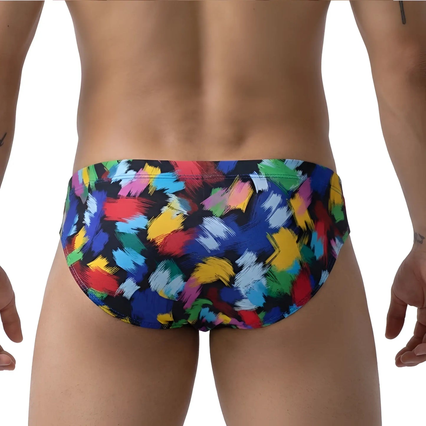MetroMalewear primavera bikini 5103-M84 swim trunks with vibrant abstract brushstroke pattern in red blue yellow green on black