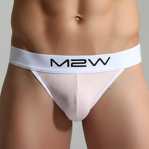 Pink M2W brand jockstrap with ribbed texture and solid white branded waistband.