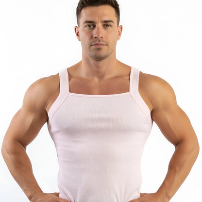 MetroMaleWear primo pink tank top 3125-02 is a white ribbed tank top with thin straps and a square neckline
