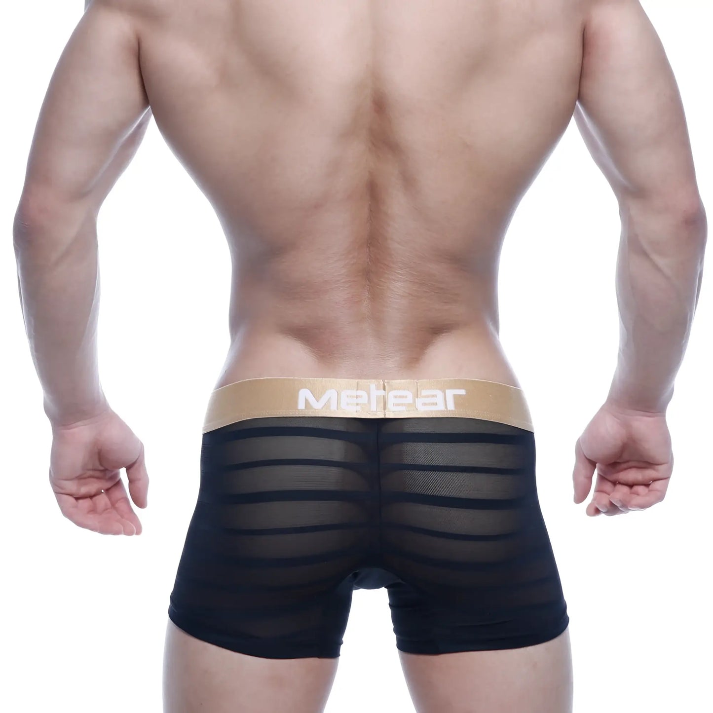 Black mesh metro male wear prism short boxer briefs with tan waistband and merear branding in white lettering