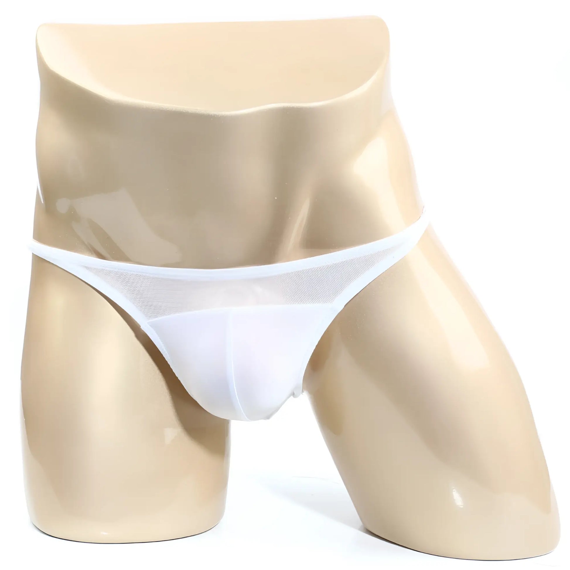 White mesh thong bikini by metromalewear displayed on a mannequin featuring breathable fabric and modern design
