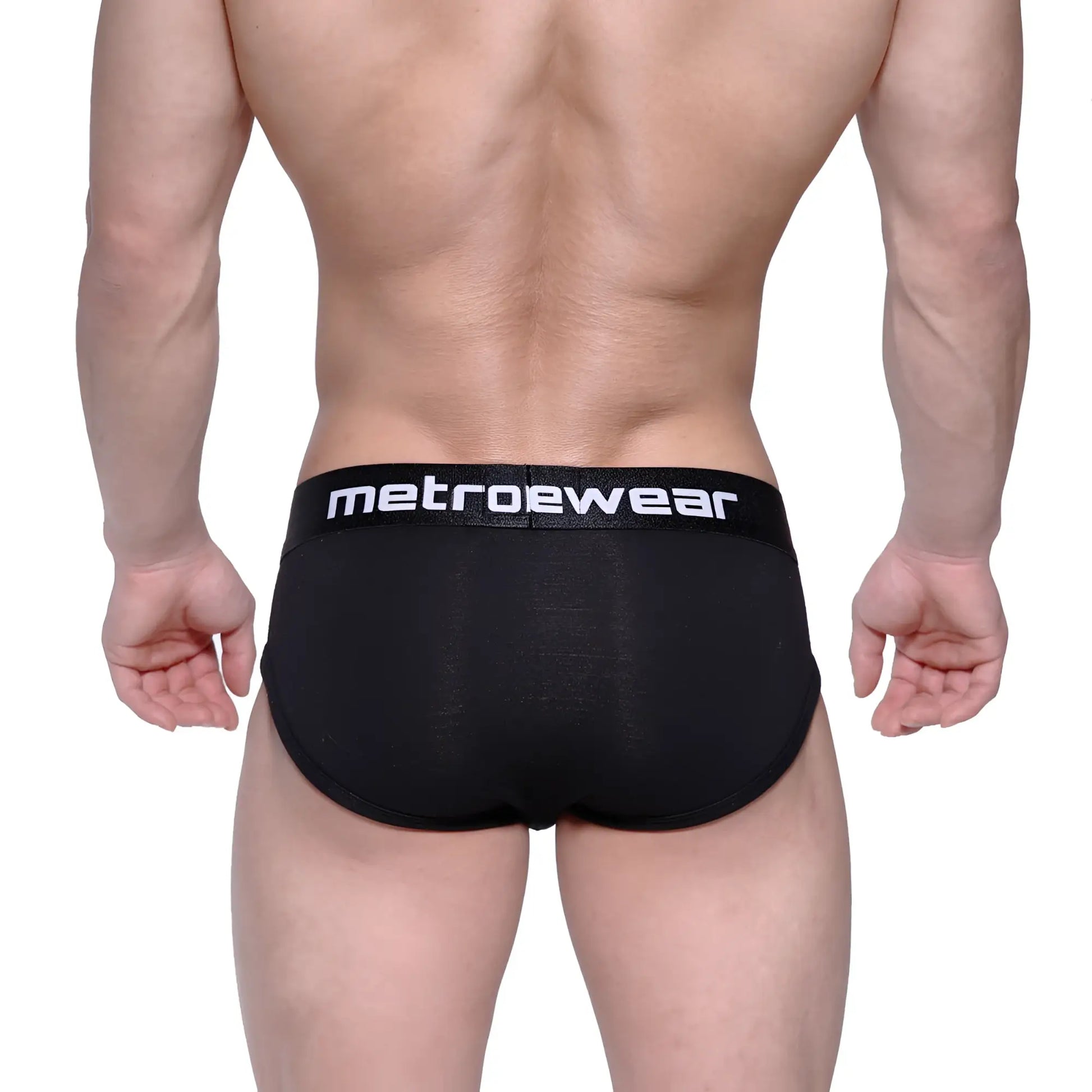 Black metrowear briefs with white logo waistband designed for comfort and style metro malewear profile hip brief 1303-20
