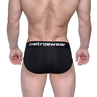 Black metrowear briefs with white logo waistband designed for comfort and style metro malewear profile hip brief 1303-20