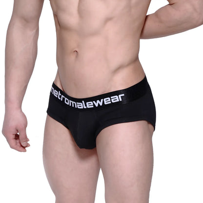 Black metromalewear profile hip briefs with white logo waistband designed for comfortable daily wear