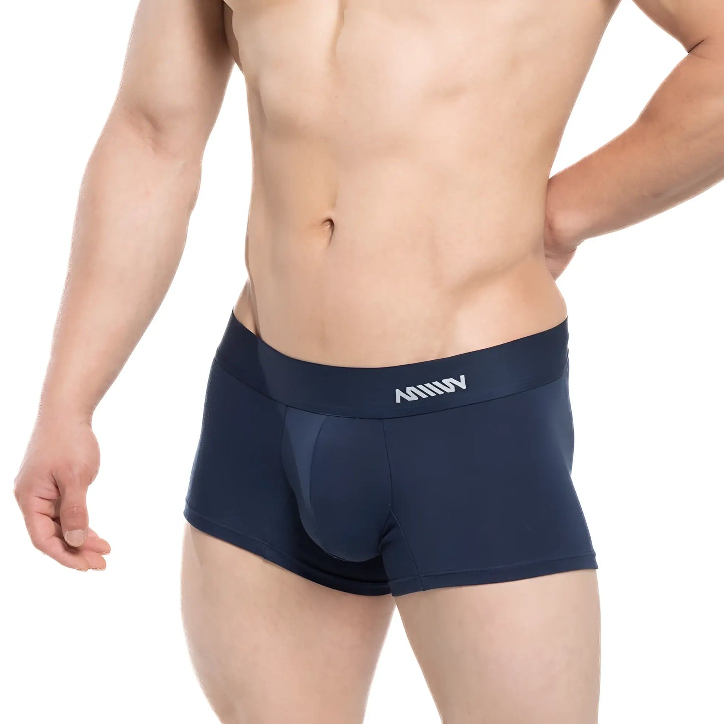 Navy blue men’s boxer briefs metro male wear profundo short boxer 7 inch with supportive pouch and white logo waistband
