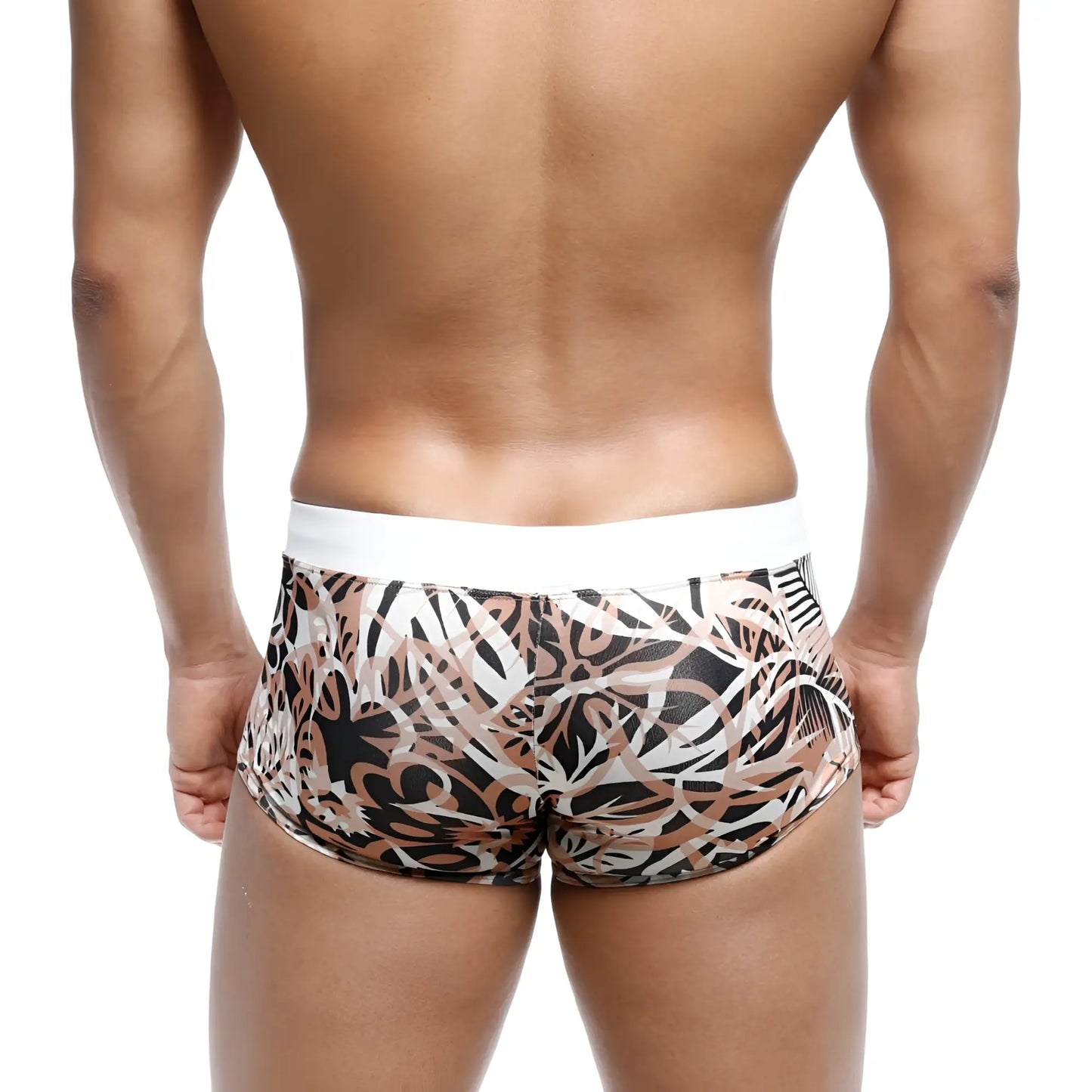 MetroMaleWear Profundo swim boxer briefs feature black beige and white abstract leaf pattern with solid white waistband
