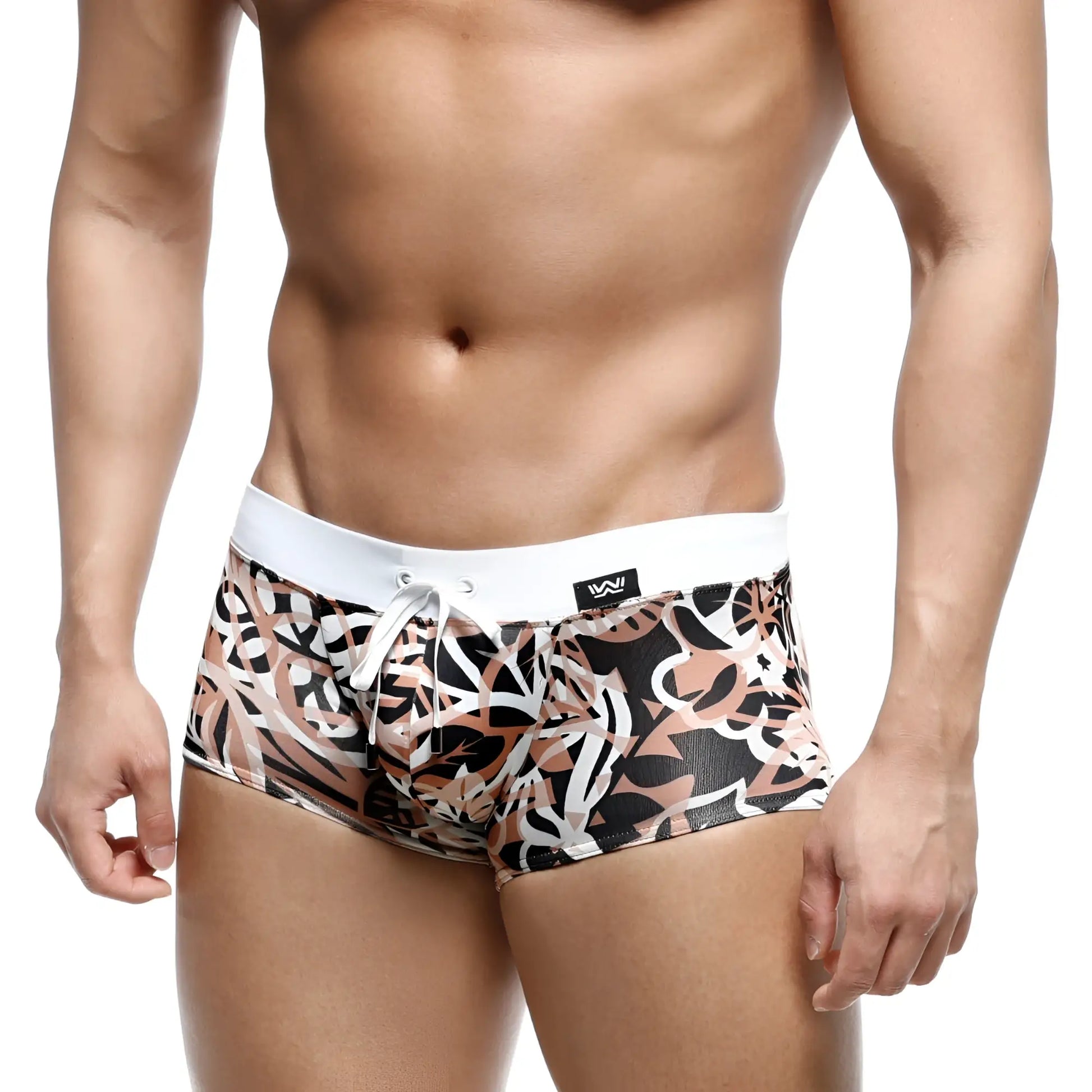 MetroMaleWear Profundo swim boxer briefs in a black, white, and beige abstract leaf pattern with a white waistband.