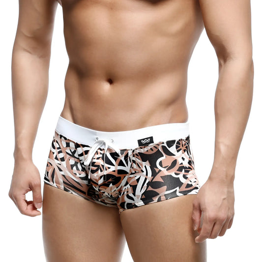 MetroMaleWear Profundo swim boxer briefs in black white and beige abstract leaf pattern with white elastic waistband and drawstring
