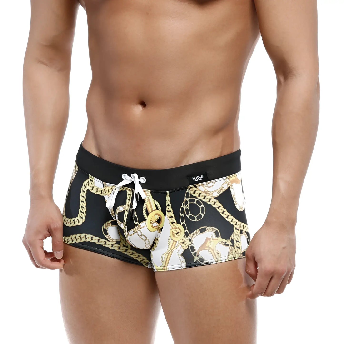 Black MetroMaleWear Profundo swim boxer briefs with bold gold and white chain pattern and contrasting black waistband