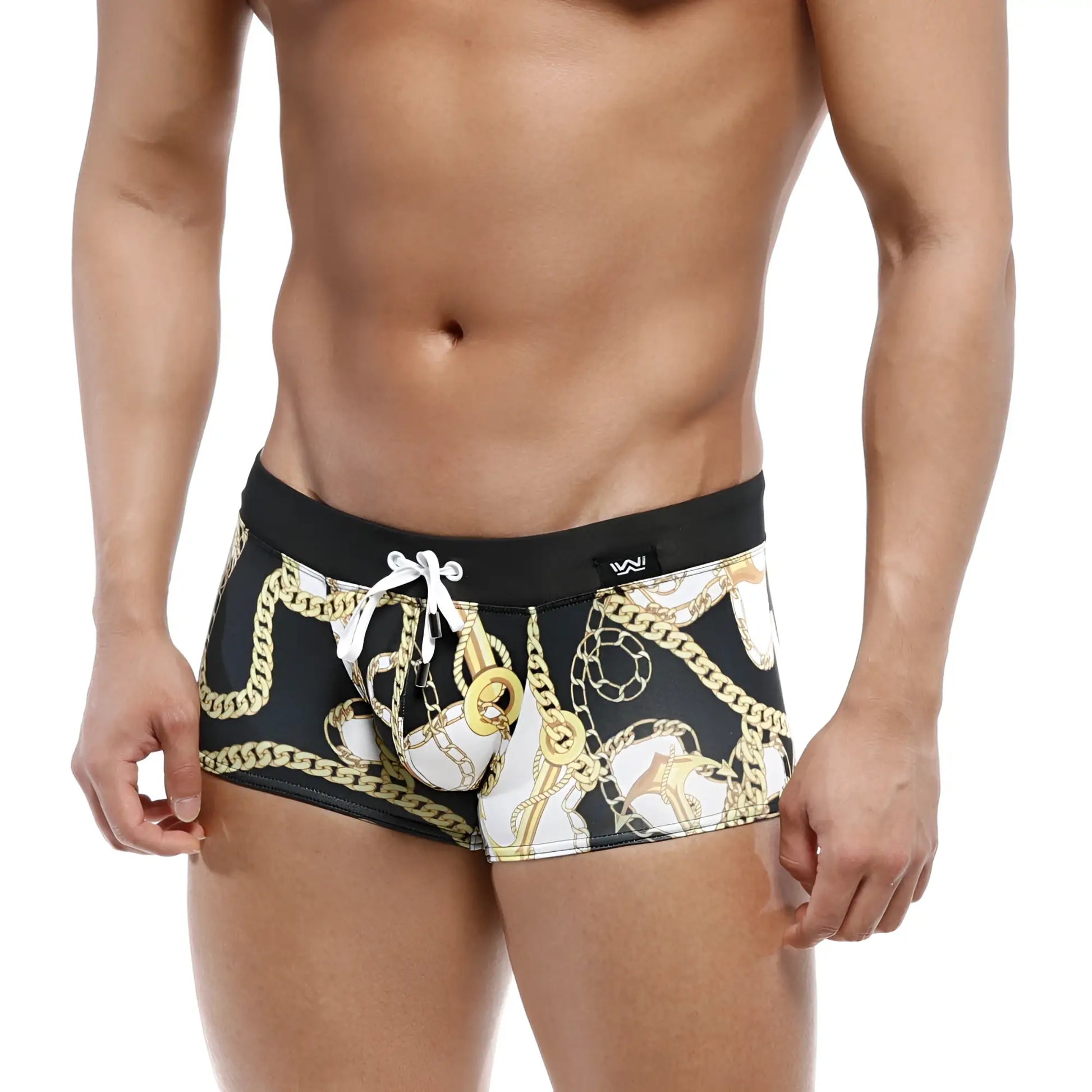 Black MetroMaleWear Profundo swim boxer briefs with bold gold and white chain pattern and contrasting black waistband