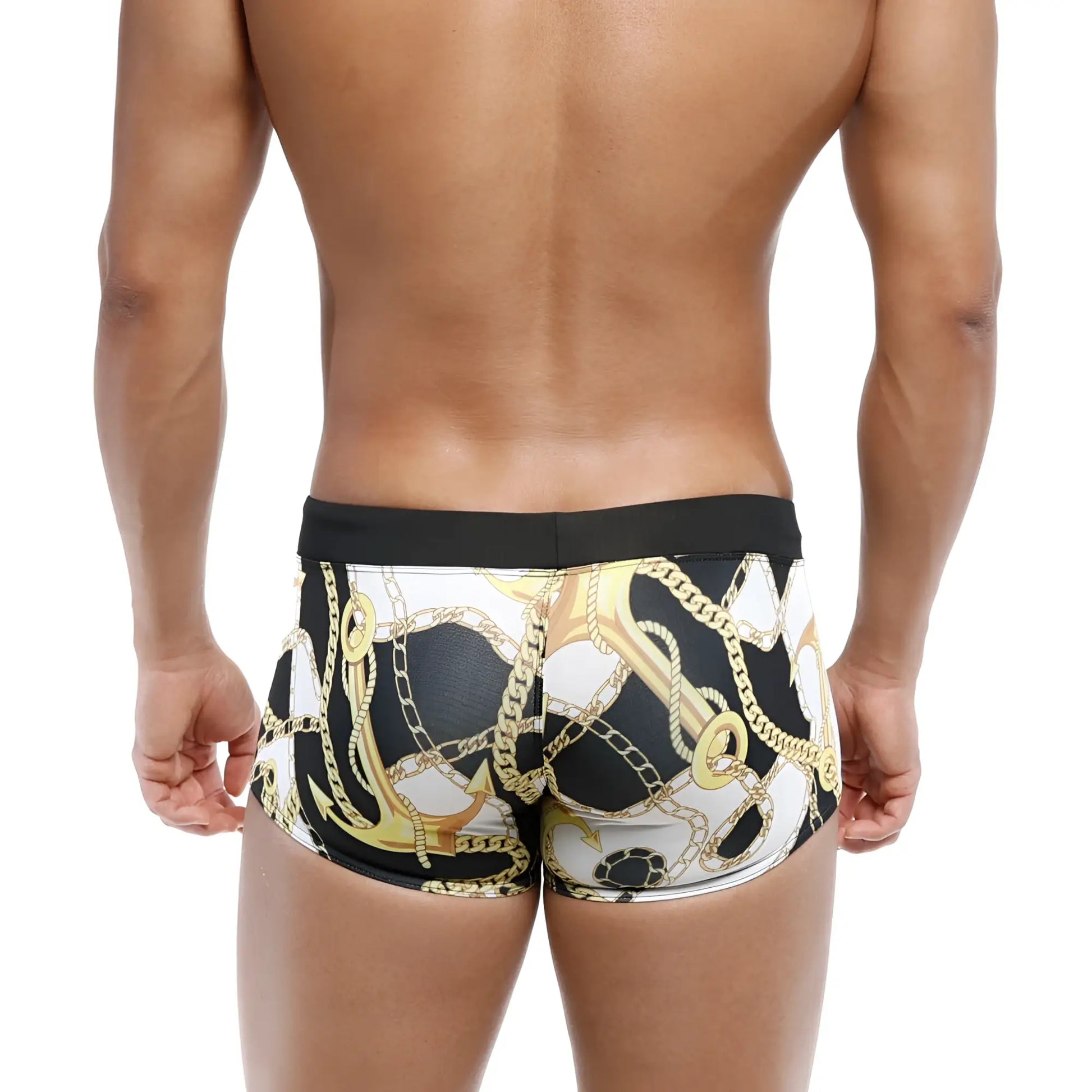 Black and white MetroMaleWear Profundo swim boxer briefs with bold gold anchor and chain pattern
