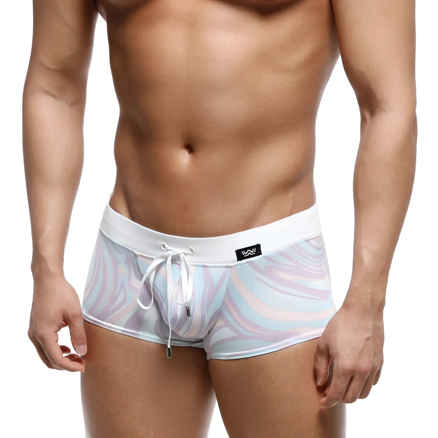 White swim trunks with pastel lavender light blue and pink swirl pattern metro male wear profundo swim boxer briefs