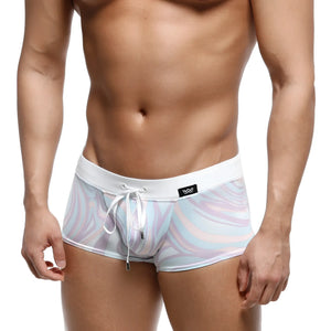 White swim trunks with pastel lavender light blue and pink swirl pattern metro male wear profundo swim boxer briefs