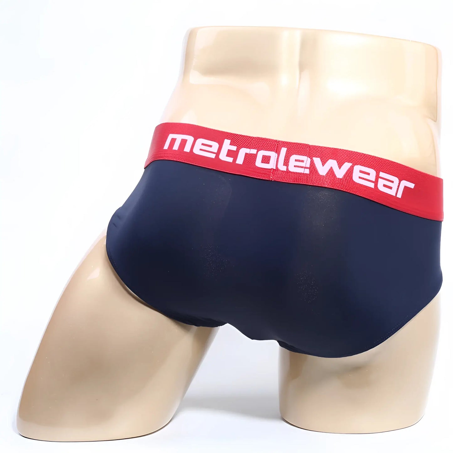 MetroMalewear Prostretch hip brief navy blue with red waistband and white metrolwear logo for comfortable support
