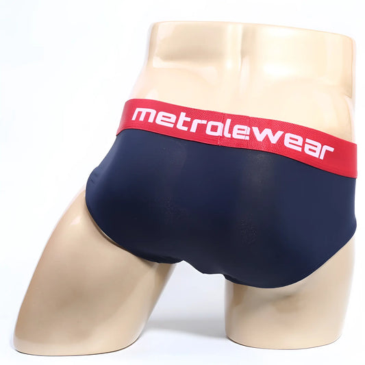 MetroMalewear Prostretch hip brief navy blue with red waistband and white metrolwear logo for comfortable support