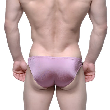 A shimmering lavender metallic MetroMaleWear Puente bikini with sleek form-fitting design in dusty pink