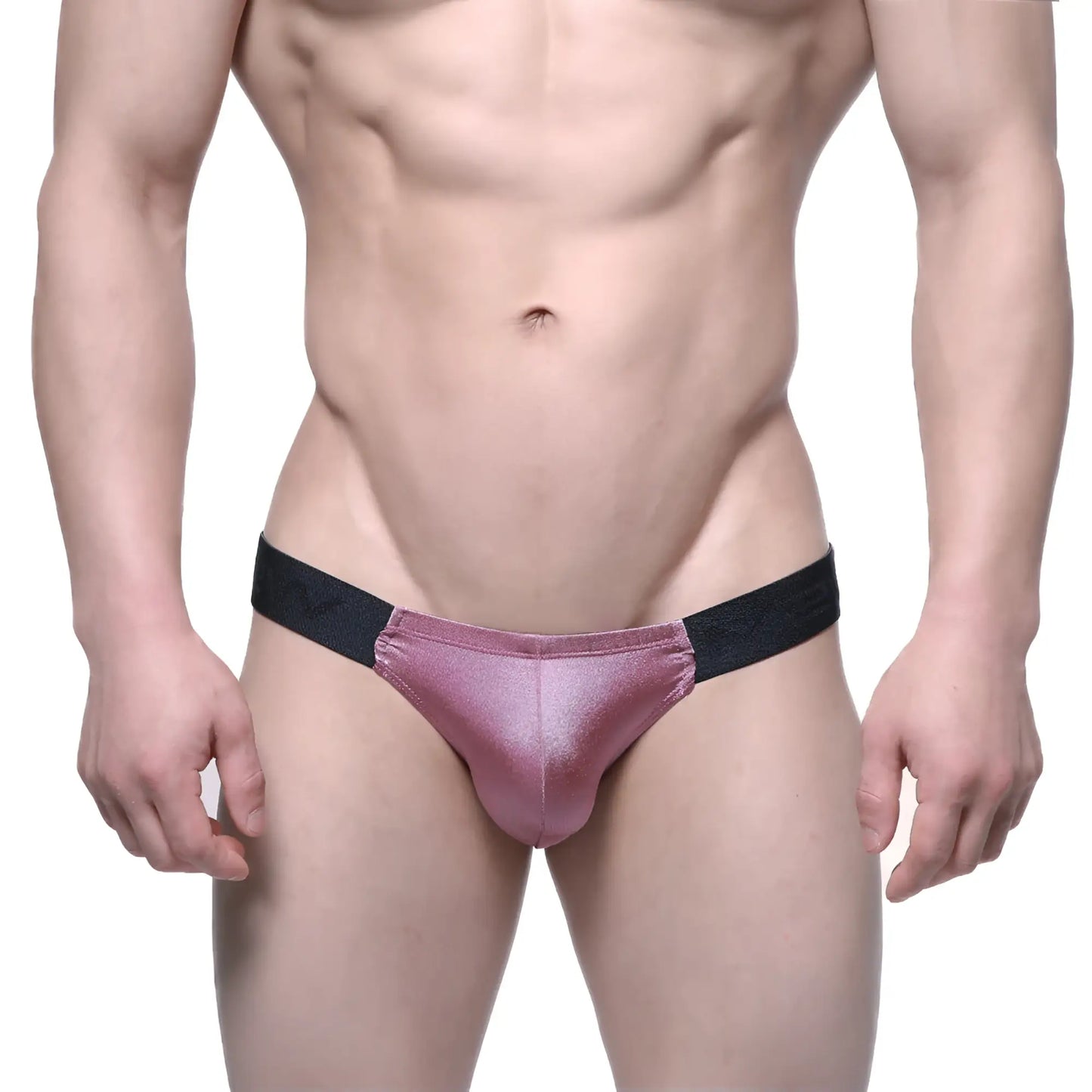 MetroMaleWear puente bikini dusty pink pink metallic briefs with black elastic waistband front view