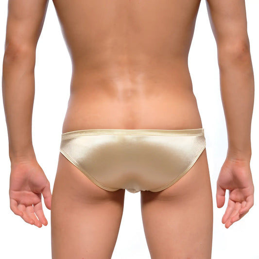 A sleek metallic gold satin brief from MetroMaleWear Puente Bikini Lujos 3603-22 with smooth shiny finish and clean stitching